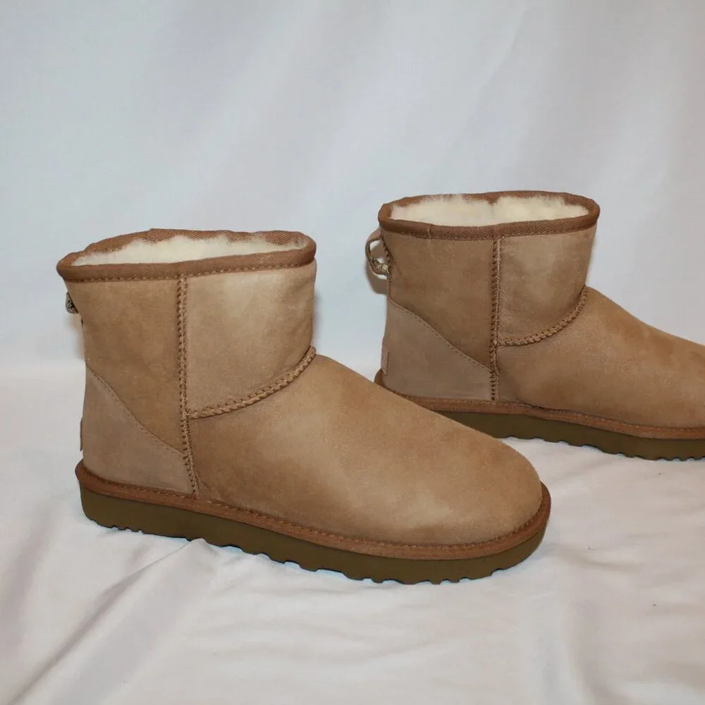 UGG‎ WOMEN'S MINI SUEDE SHEARLING LINED ANKLE BOOTS CHESTNU NEW